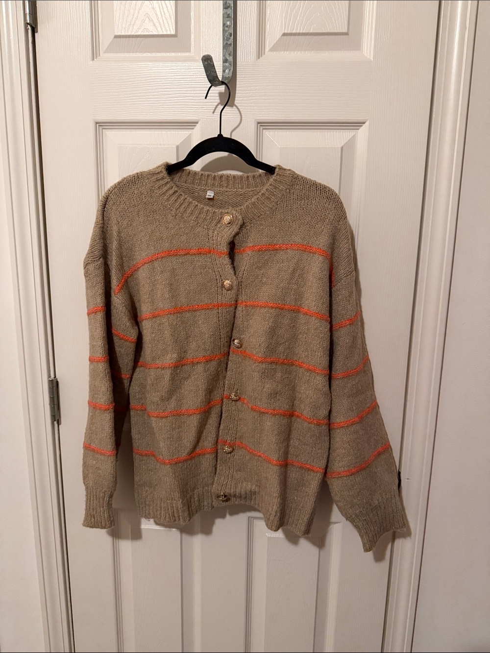 Women’s Tan Striped Button-Up Sweater - Casual Crew Cardigan